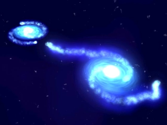 When galaxies interact, such as the two in this artist's conception, they stir up gas and dust that may trigger gorging between black holes at the galaxies' centers.
